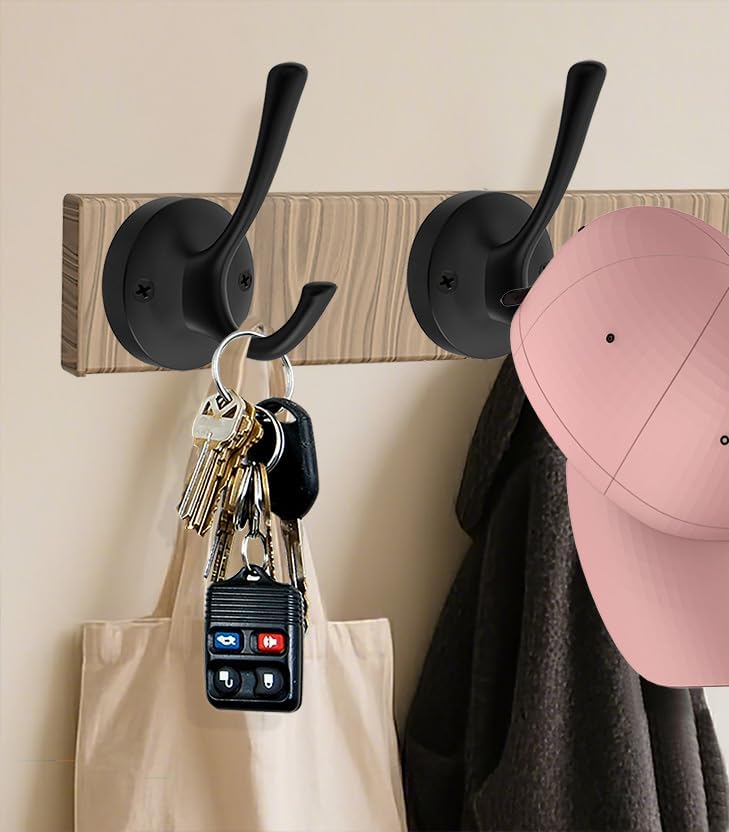 TOFIIGREM Matte Black Wall Hooks, 4 Pack Heavy Duty Coat Towel Hook Metal Double Backpack Hook Wall Mounted, Bath Towel Hooks for Entryway Cubicle Bathroom Closet Garage