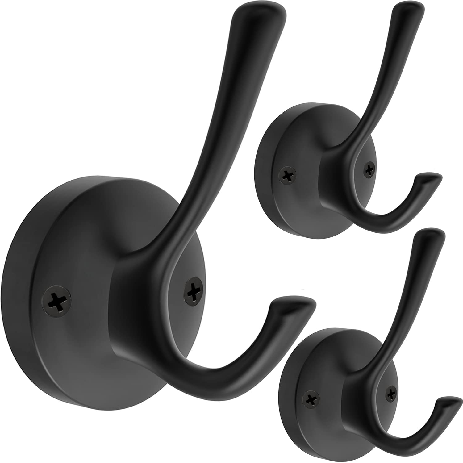 TOFIIGREM Matte Black Wall Hooks, 4 Pack Heavy Duty Coat Towel Hook Metal Double Backpack Hook Wall Mounted, Bath Towel Hooks for Entryway Cubicle Bathroom Closet Garage