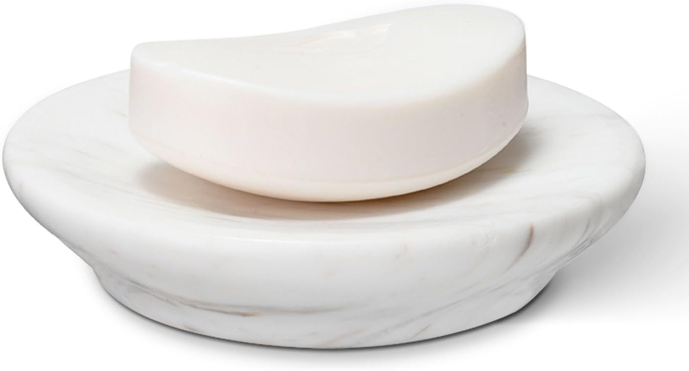 Natural Marble Soap Dish, White Round Jewelry Dish 4.5 Inch, Limestone Shower Soap Holder, Modern Stone Sponge Holder with Beveled Edge, Bar Soap Saver Tray for Bathroom, Kitchen