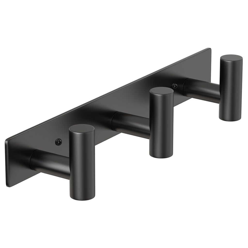 PMMASTO Wall Mounted Coat Hooks- Stainless Steel Rust-Resistant Bathroom Hangers for Towels/Hats/Coats, Heavy-Duty Wall Mount Hooks with Screws (Black 3 Hooks, 2-Pack)