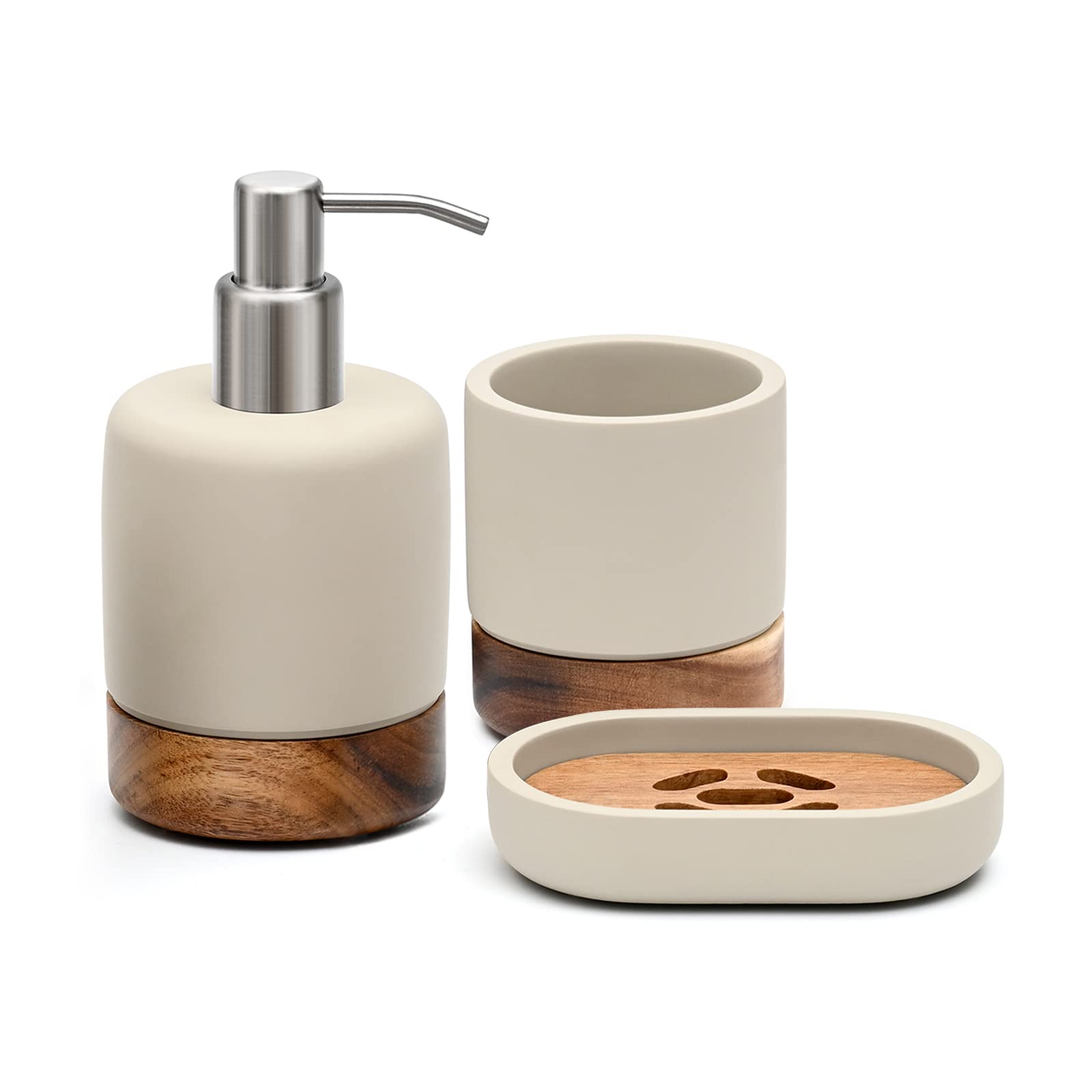 Bathroom Accessories Set 3 Piece Bath Ensemble Includes Soap Dispenser, Tumbler, Dish for Decorative Countertop & Housewarming Gift (Concrete with Acacia Wood)