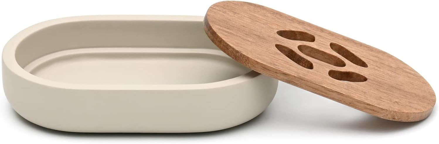 Bathroom Accessories Set 3 Piece Bath Ensemble Includes Soap Dispenser, Tumbler, Dish for Decorative Countertop & Housewarming Gift (Concrete with Acacia Wood)