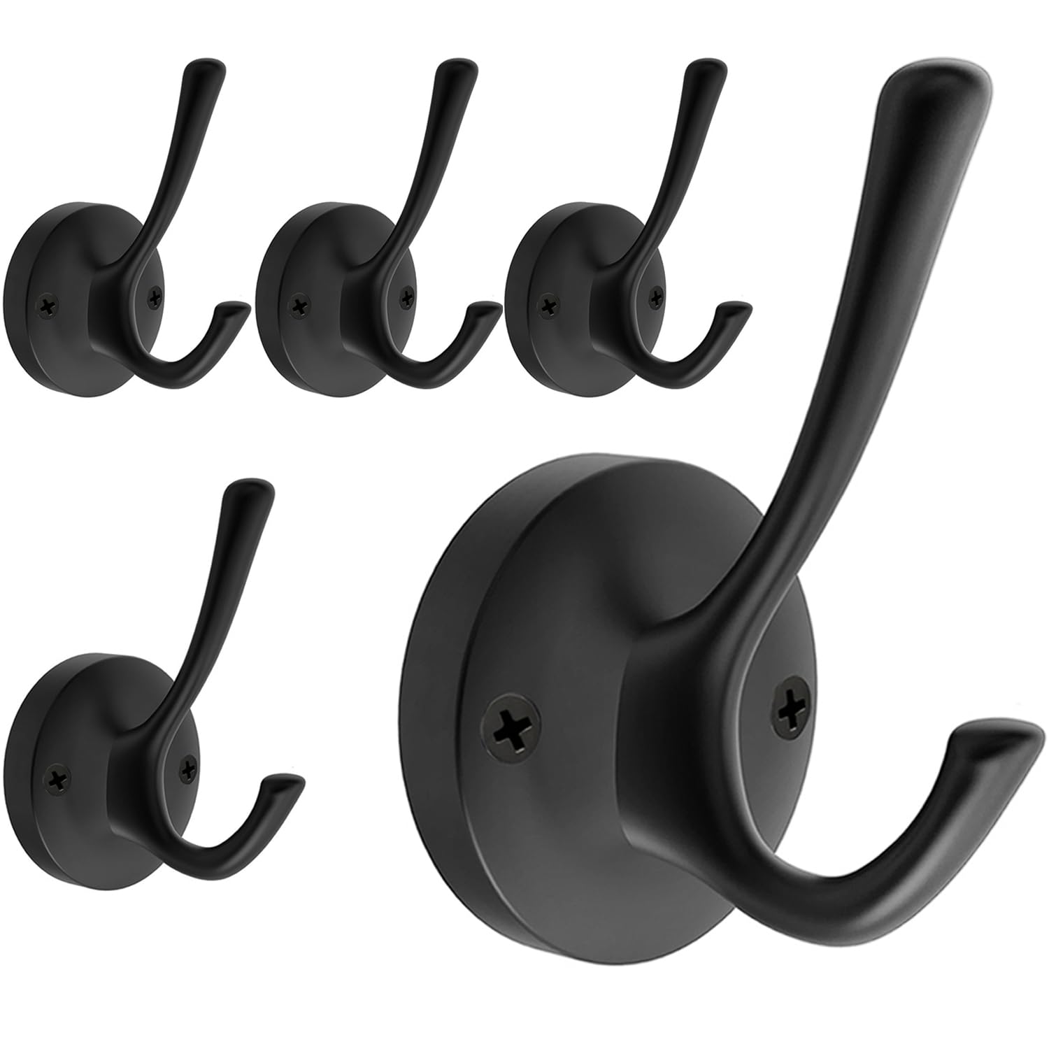 TOFIIGREM Matte Black Wall Hooks, 4 Pack Heavy Duty Coat Towel Hook Metal Double Backpack Hook Wall Mounted, Bath Towel Hooks for Entryway Cubicle Bathroom Closet Garage