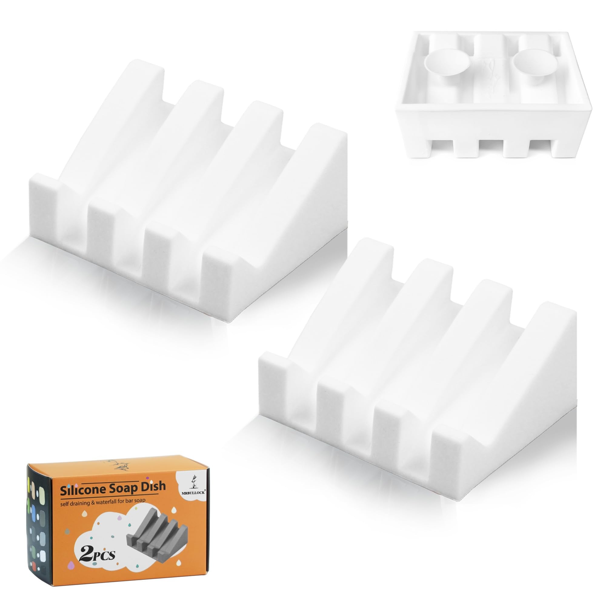 Silicone Soap Dish for Bar Soap Holder for Shower Bathroom Self Draining Waterfall Drying Tray Keep Soap Bars Dry Clean & Easy Cleaning (White, 2)