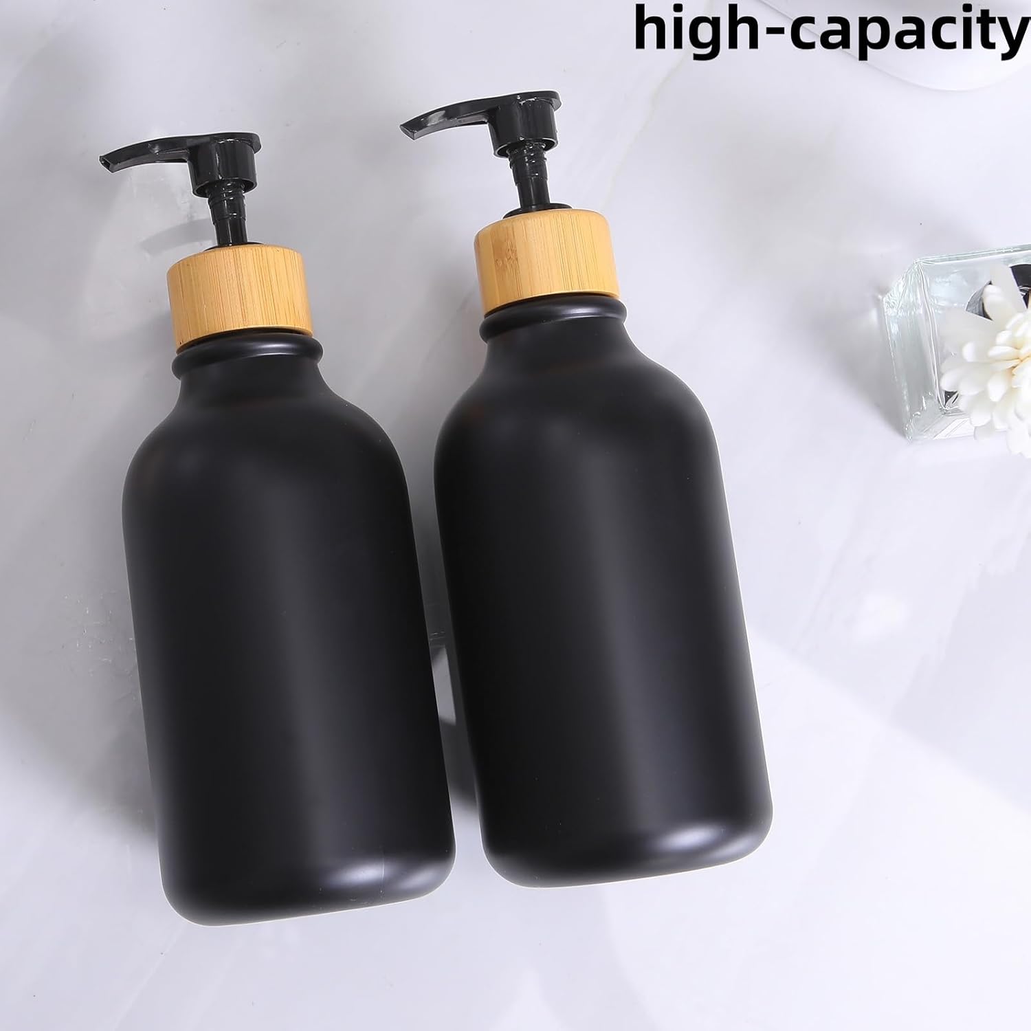 Matte Black Bathroom Accessories Set 9PCS,Bamboo Bathroom Accessories Sets Complete with Trash Can,Soap Dispenser and Toothbrush Holder Set,Toilet Brush,Qtip Holder,Vanity Tray,Soap Dish