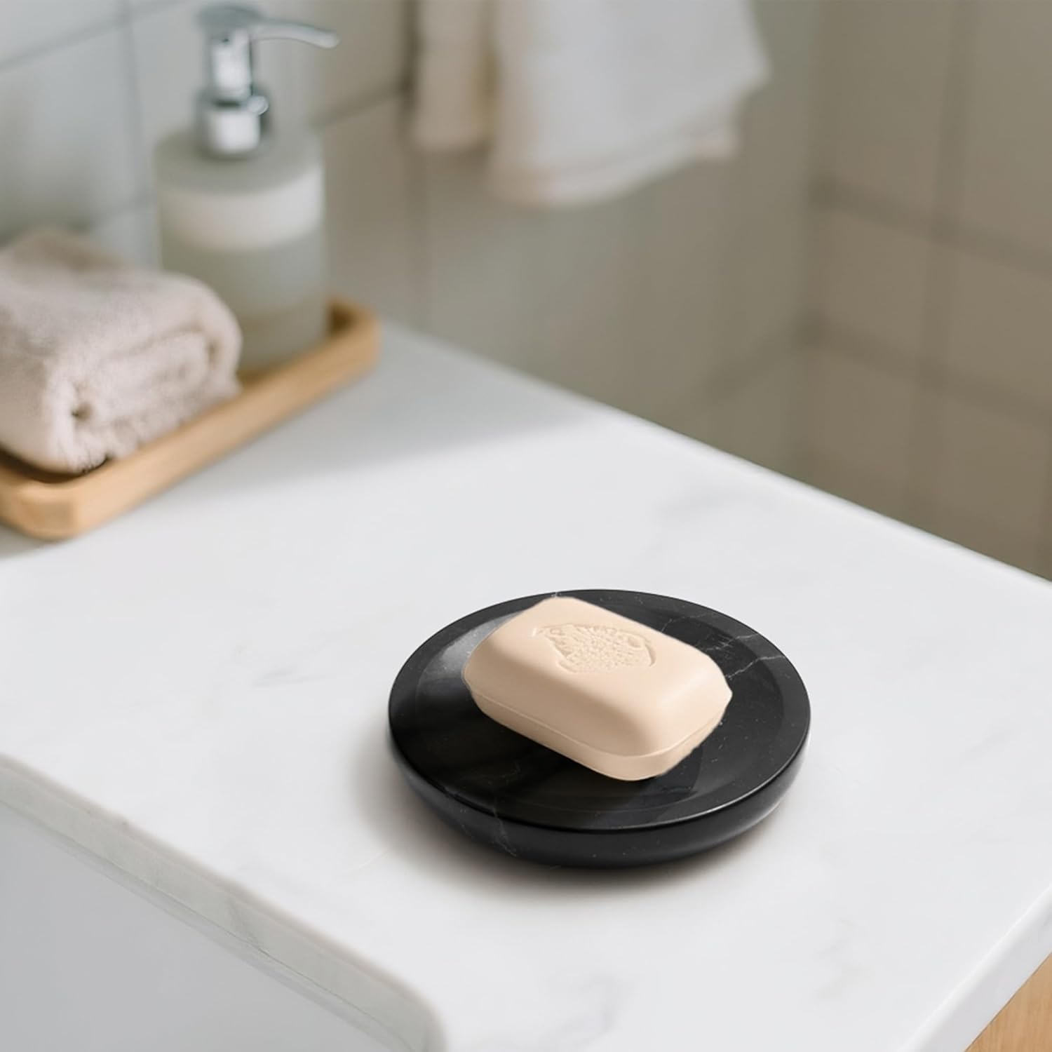 WORHE Marble Soap Dish Italy Natural Stone Sponge Holder for Bathroom Tub Shower Kitchen Sink, Handcraft Round Soap Case Organizer Trinket Plate Jewelry Tray Coaster for Home Decor Black (DL007)