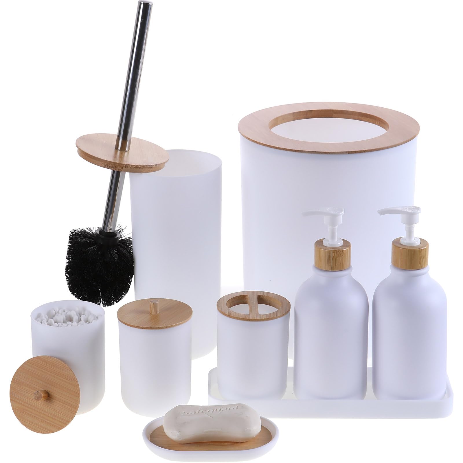 Matte Black Bathroom Accessories Set 9PCS,Bamboo Bathroom Accessories Sets Complete with Trash Can,Soap Dispenser and Toothbrush Holder Set,Toilet Brush,Qtip Holder,Vanity Tray,Soap Dish