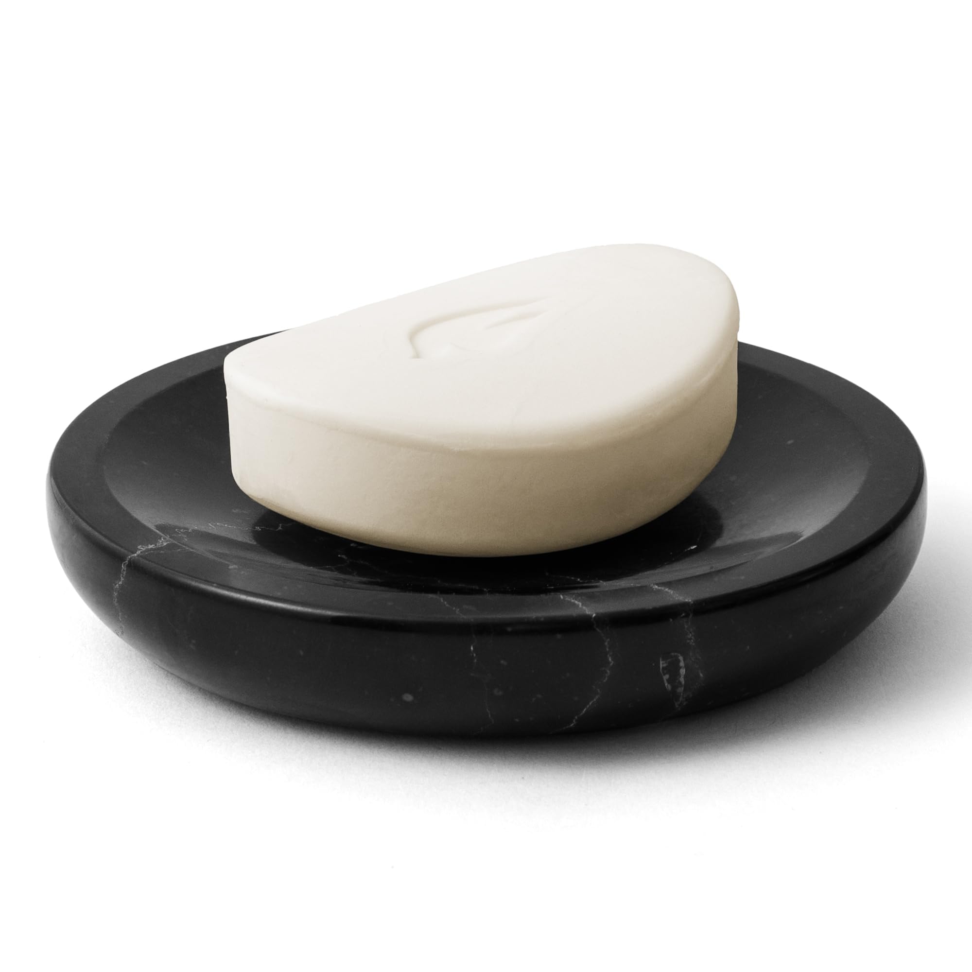 WORHE Marble Soap Dish Italy Natural Stone Sponge Holder for Bathroom Tub Shower Kitchen Sink, Handcraft Round Soap Case Organizer Trinket Plate Jewelry Tray Coaster for Home Decor Black (DL007)