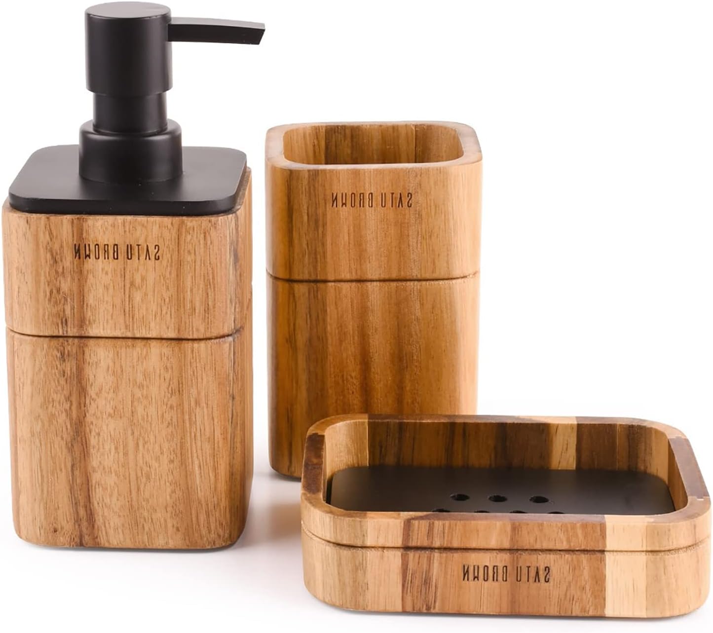 Bathroom Accessories Set 3 Piece Bath Ensemble Includes Soap Dispenser, Bathroom Tumbler, Soap Dish Accessories for Decorative Countertop and Housewarming Gift,Acacia Wood