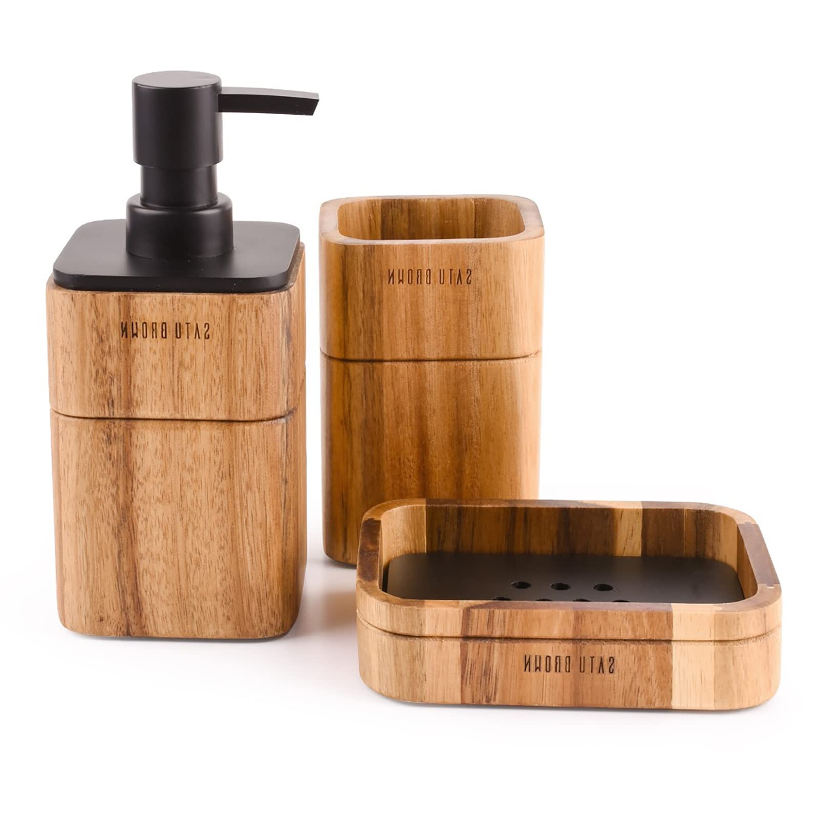 Bathroom Accessories Set 3 Piece Bath Ensemble Includes Soap Dispenser, Tumbler, Dish for Decorative Countertop & Housewarming Gift (Concrete with Acacia Wood)