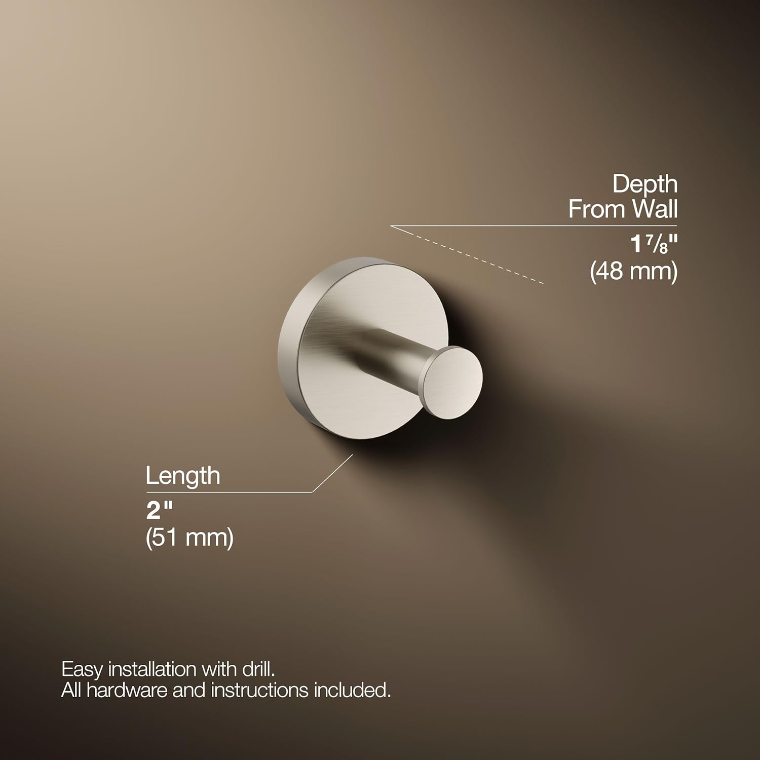 Kohler K-27290-BN Elate Robe Hook, Minimalist Design, Premium Durable Metal, Corrosion Resistant, Vibrant Brushed Nickel