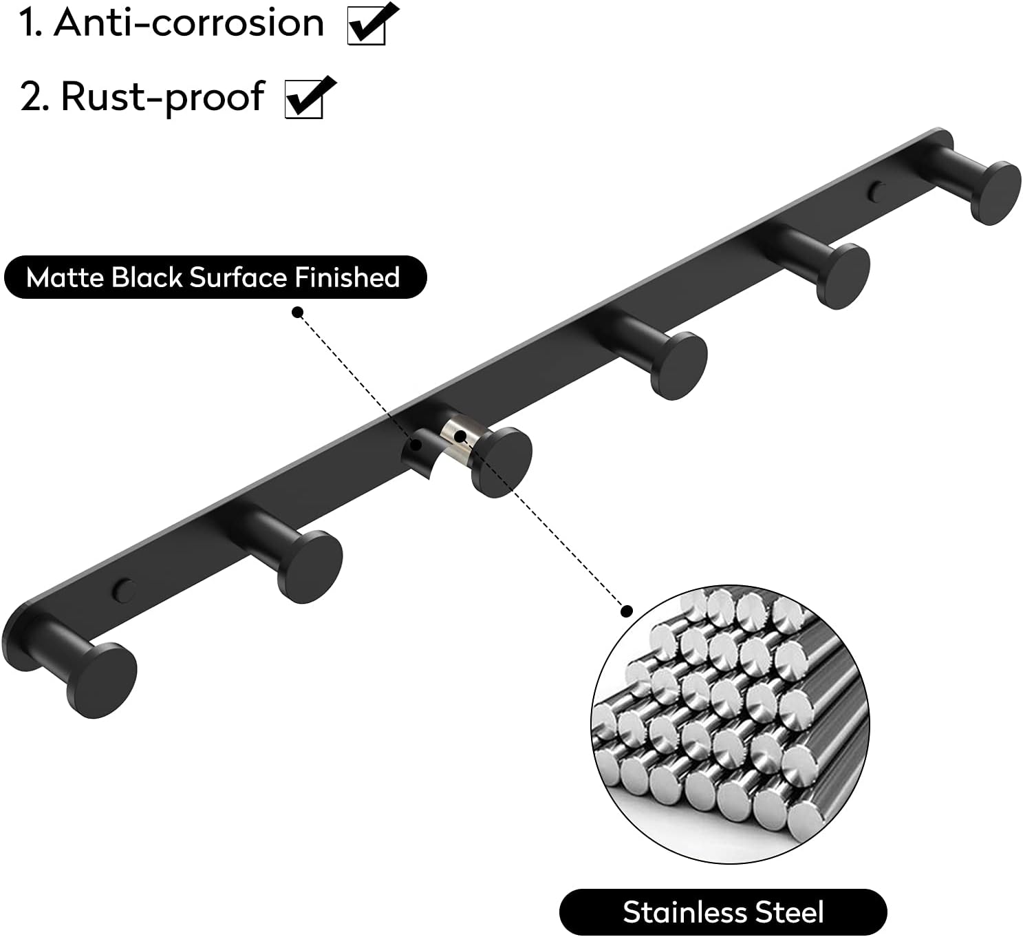 BigBig Home Black Towel Hook, Bathroom Wall Hook Rack with 6 Hooks Matte Bedroom Coat Hook Kitchen Robe Hanger Wall Mount