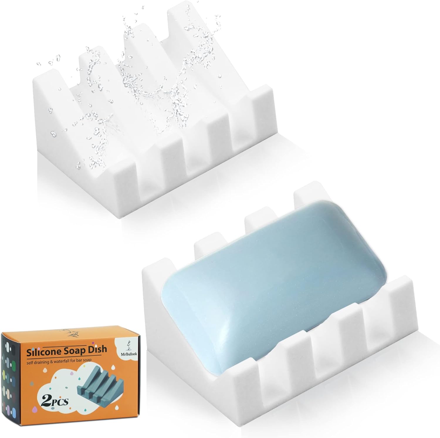 Silicone Soap Dish for Bar Soap Holder for Shower Bathroom Self Draining Waterfall Drying Tray Keep Soap Bars Dry Clean & Easy Cleaning (White, 2)