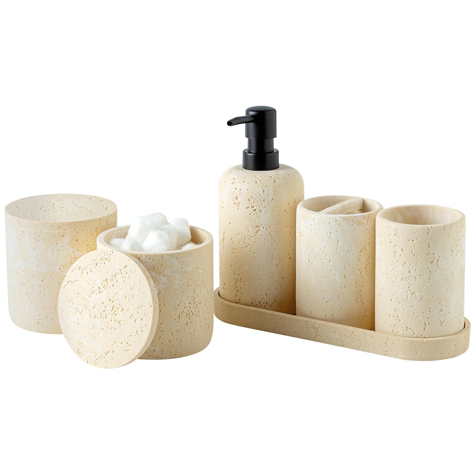 Bathroom Accessories Set, 5 PCS Sandstone Look Stripe Modern Bath Organizer with Soap Dispenser, Toothbrush Holder, Tumbler, Soap Dish, Candle Holder for Countertop Kitchen Sink (Beige)