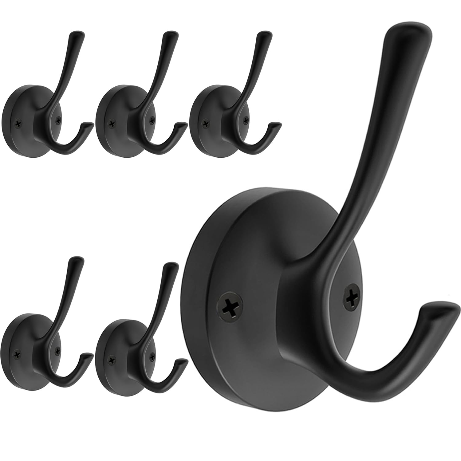 TOFIIGREM Matte Black Wall Hooks, 4 Pack Heavy Duty Coat Towel Hook Metal Double Backpack Hook Wall Mounted, Bath Towel Hooks for Entryway Cubicle Bathroom Closet Garage