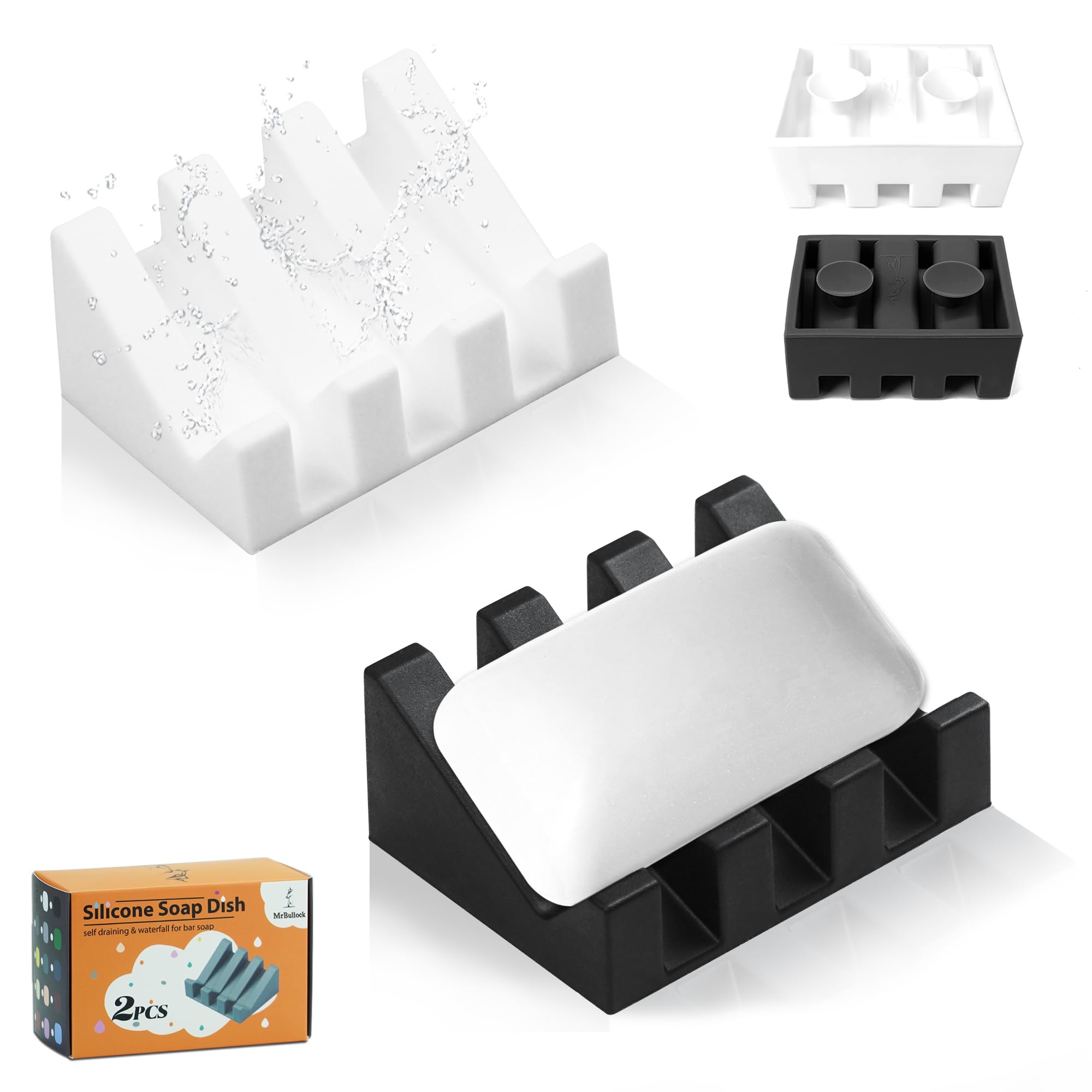 Silicone Soap Dish for Bar Soap Holder for Shower Bathroom Self Draining Waterfall Drying Tray Keep Soap Bars Dry Clean & Easy Cleaning (White, 2)