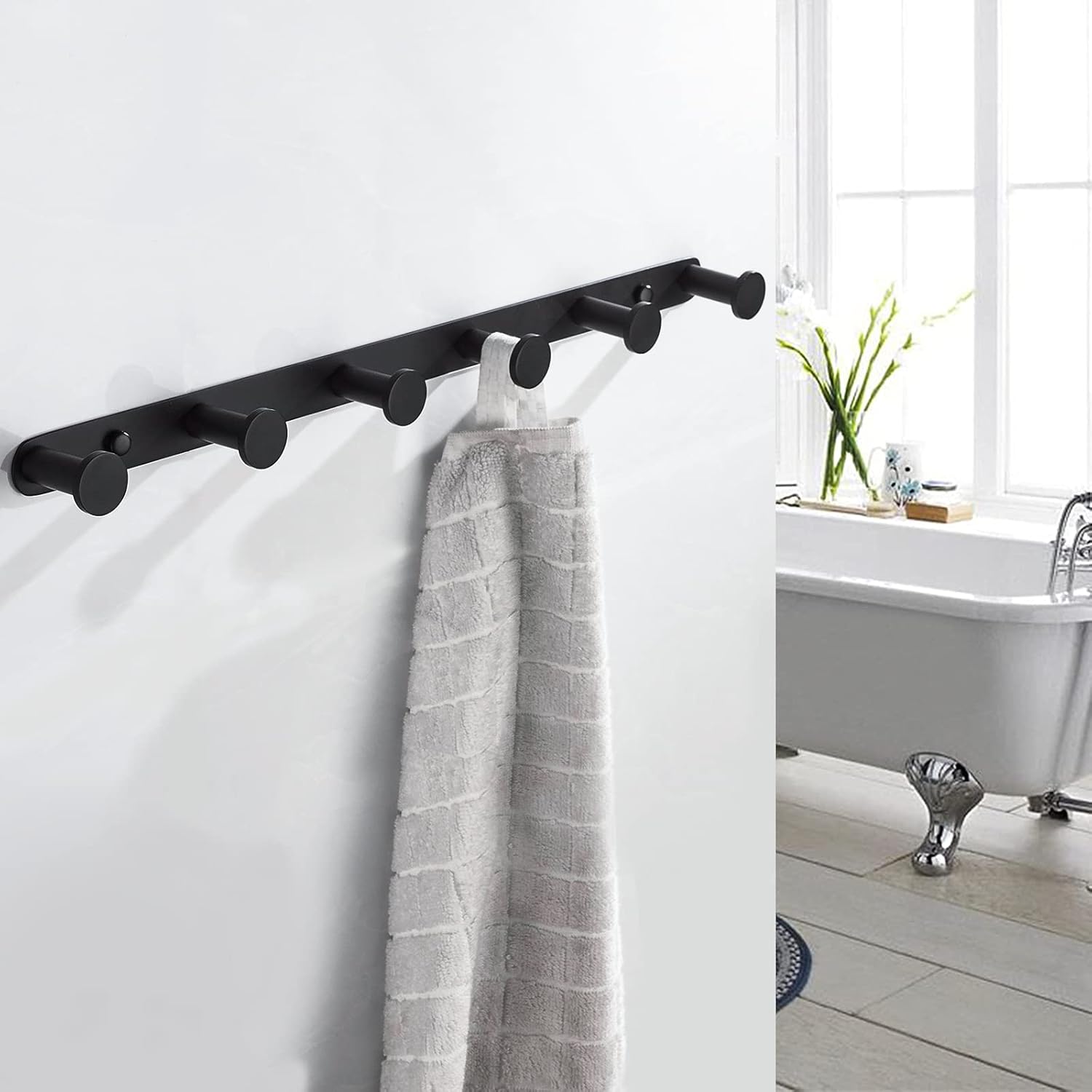 BigBig Home Black Towel Hook, Bathroom Wall Hook Rack with 6 Hooks Matte Bedroom Coat Hook Kitchen Robe Hanger Wall Mount