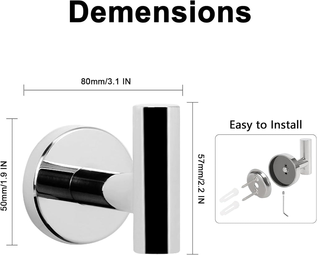 NearMoon Bath Towel Hooks- SUS 304 Stainless Steel Robe Hook Holder, Heavy Duty Coat Hook for Bathroom Livingroom Hotel Kitchen Garage, Wall Mounted (Chrome Finish, 8 Pack)