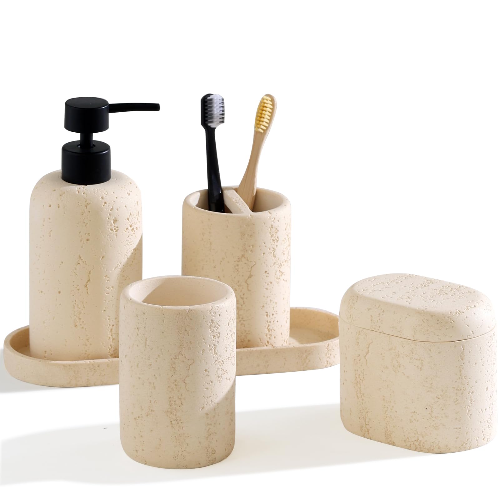 Bathroom Accessories Set, 5 PCS Sandstone Look Stripe Modern Bath Organizer with Soap Dispenser, Toothbrush Holder, Tumbler, Soap Dish, Candle Holder for Countertop Kitchen Sink (Beige)
