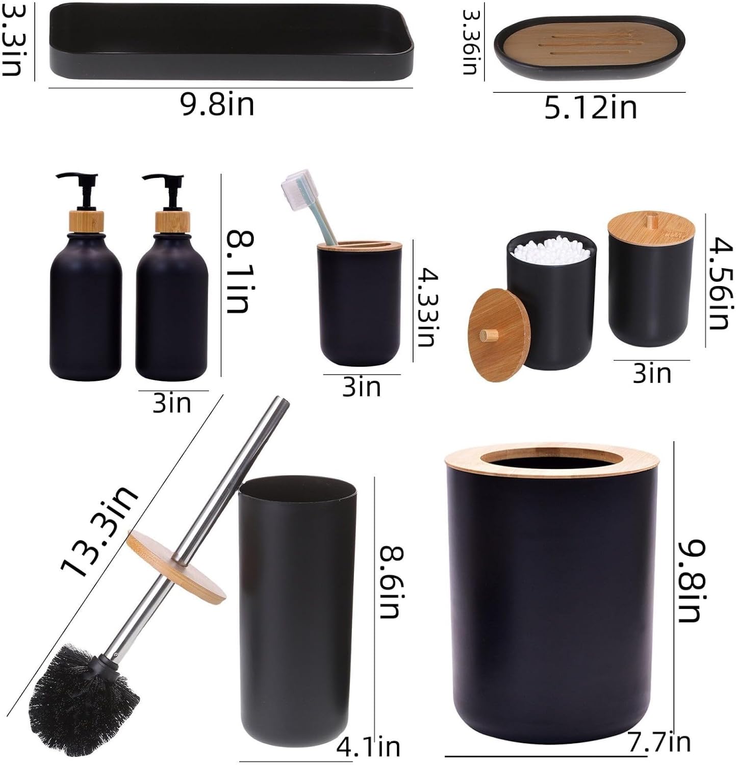 Matte Black Bathroom Accessories Set 9PCS,Bamboo Bathroom Accessories Sets Complete with Trash Can,Soap Dispenser and Toothbrush Holder Set,Toilet Brush,Qtip Holder,Vanity Tray,Soap Dish