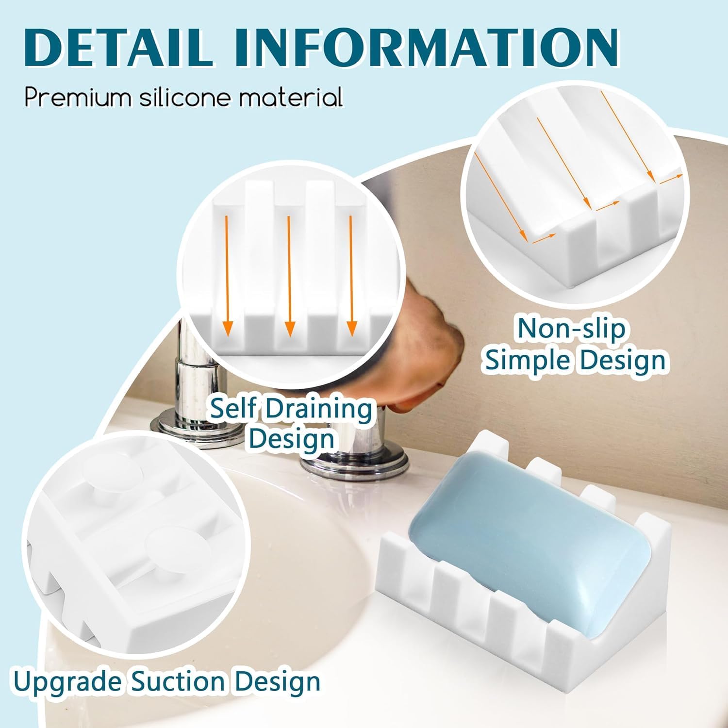 Silicone Soap Dish for Bar Soap Holder for Shower Bathroom Self Draining Waterfall Drying Tray Keep Soap Bars Dry Clean & Easy Cleaning (White, 2)