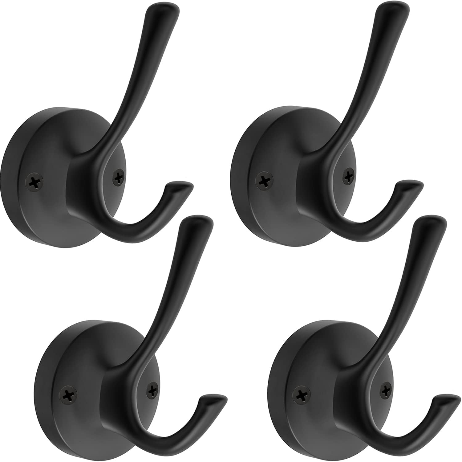 TOFIIGREM Matte Black Wall Hooks, 4 Pack Heavy Duty Coat Towel Hook Metal Double Backpack Hook Wall Mounted, Bath Towel Hooks for Entryway Cubicle Bathroom Closet Garage