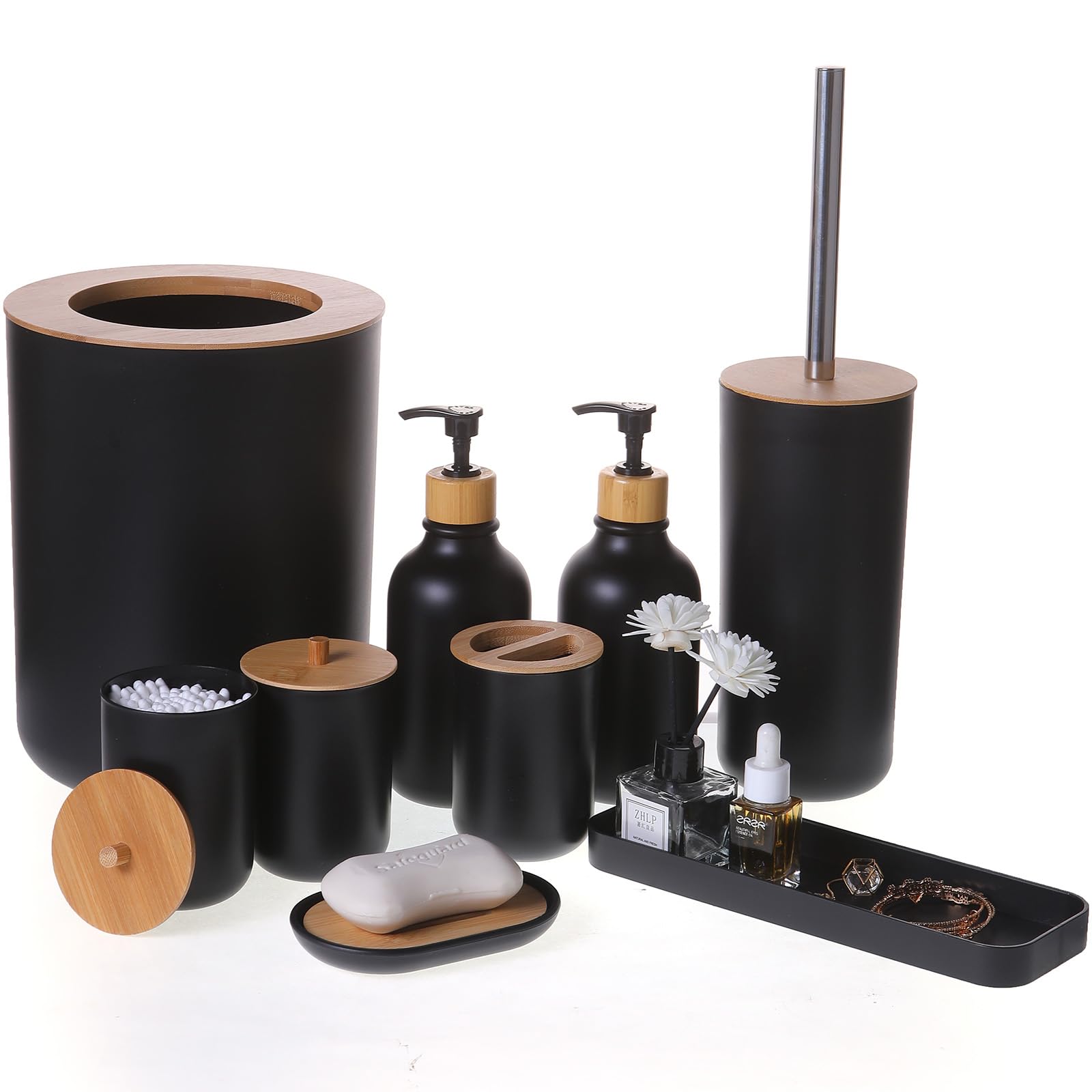 Matte Black Bathroom Accessories Set 9PCS,Bamboo Bathroom Accessories Sets Complete with Trash Can,Soap Dispenser and Toothbrush Holder Set,Toilet Brush,Qtip Holder,Vanity Tray,Soap Dish