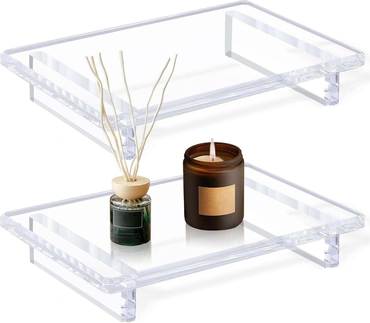 2 Pack Acrylic Soap Dish Tray 9"×5.9"×1.5" – Clear Waterproof Counter-top Organizer for Bathroom, Kitchen, Vanity, Soap, Plants, Candles (Large)