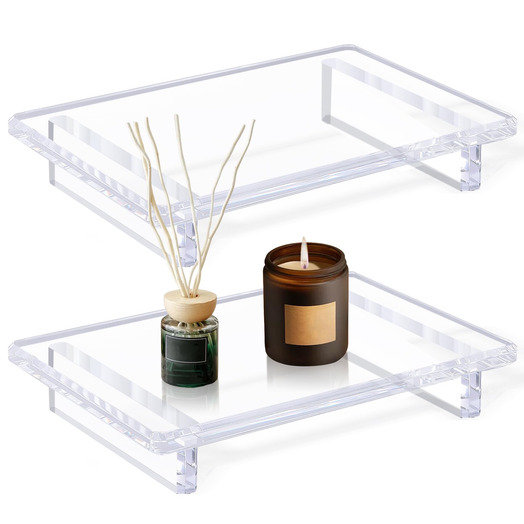 2 Pack Acrylic Soap Dish Tray 9"×5.9"×1.5" – Clear Waterproof Counter-top Organizer for Bathroom, Kitchen, Vanity, Soap, Plants, Candles (Large)