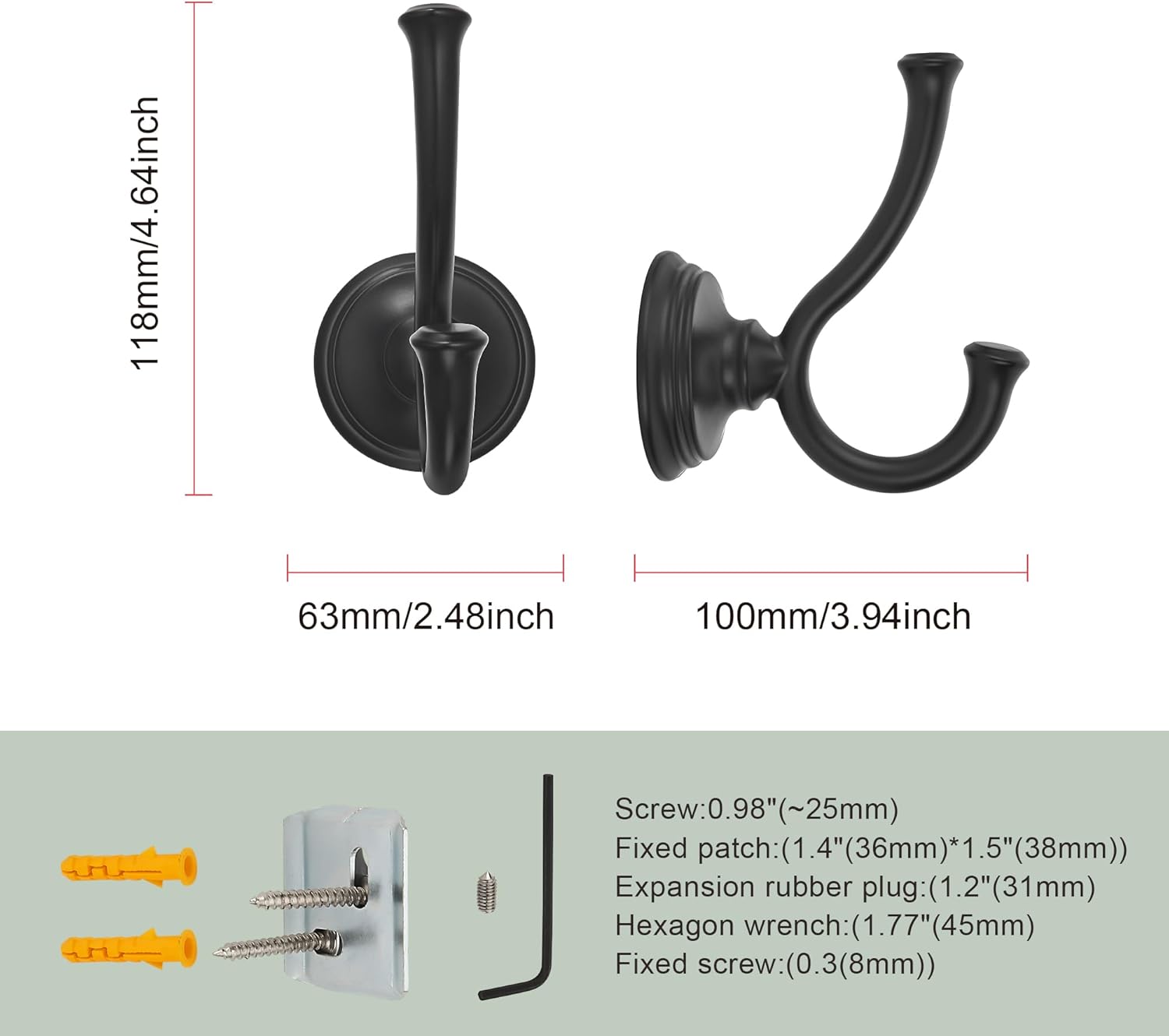 TUNNY Towel Hook Bathroom-2 Pack Matte Black Double Robe/Towel Hook Wall Mounted Hook for Bathroom Bedroom Kitchen
