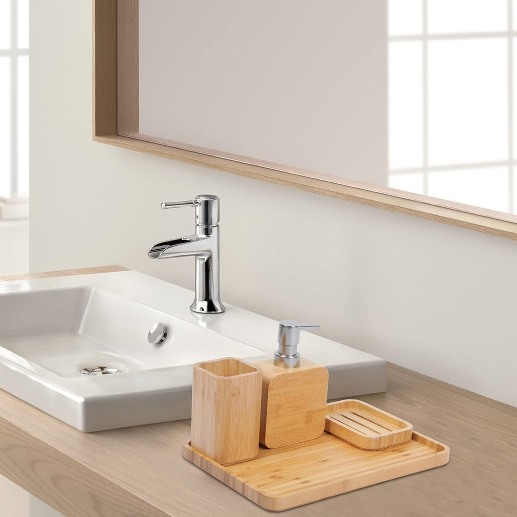 4Pcs Handmade Bamboo Sink & Bathroom Accessories Set Retro Set, Natural, Soap Dish Holder for Shower, Lotion Soap Dispenser, Mouthwash Cup, Rinse Cup, Organiser Tray for Hotel, House, Office