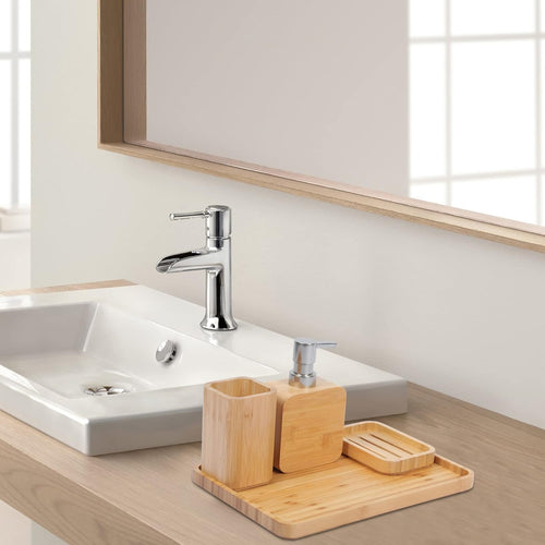 4Pcs Handmade Bamboo Sink & Bathroom Accessories Set Retro Set, Natural, Soap Dish Holder for Shower, Lotion Soap Dispenser, Mouthwash Cup, Rinse Cup, Organiser Tray for Hotel, House, Office