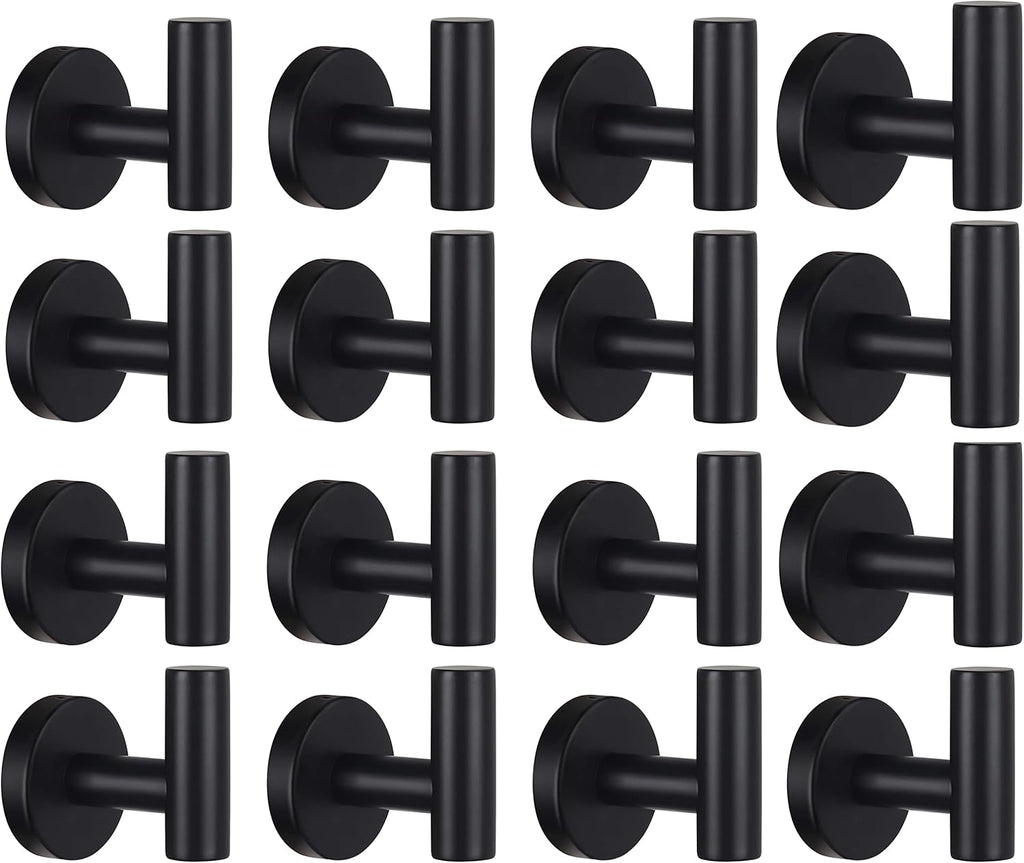 Bathroom Robe Towel Hooks Coat Matte Black Wall Hook Stainless Steel Heavy Duty Door Hanger Towel Robe Clothes Cabinet Closet Sponges Hook for Bathroom Bedroom Kitchen Hotel Pool 16 Packs