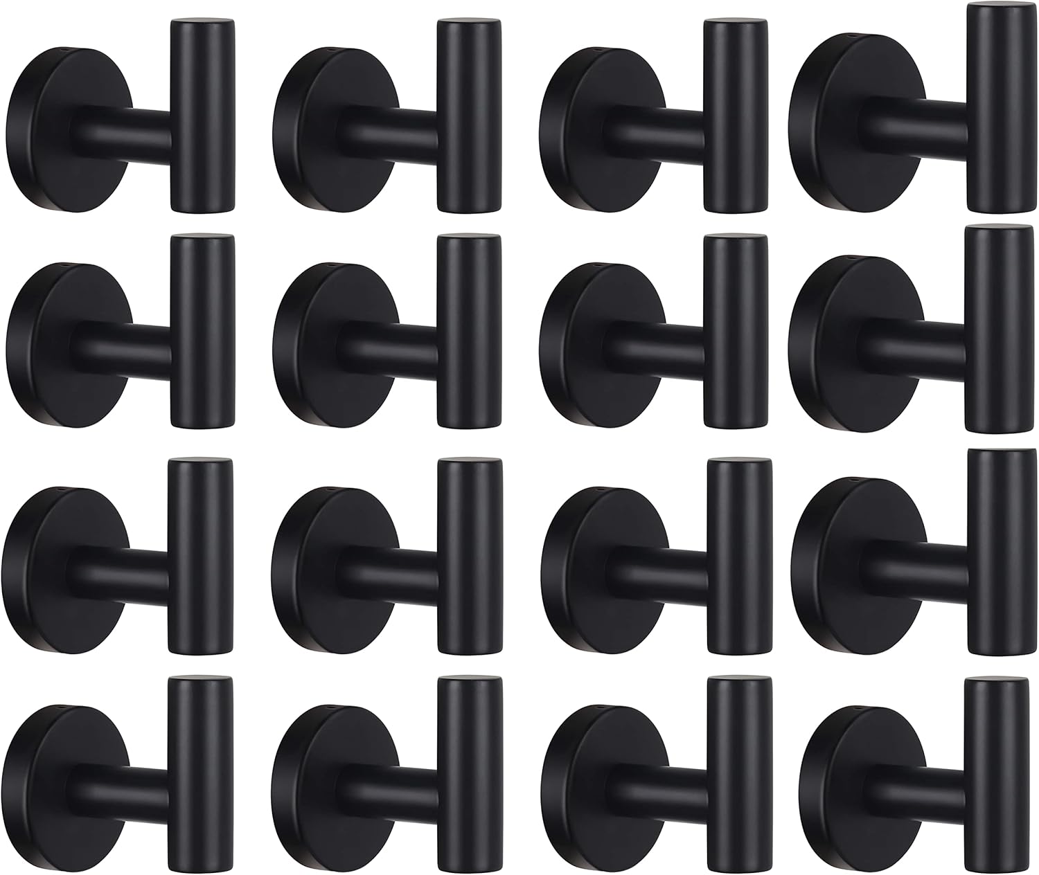 Bathroom Robe Towel Hooks Coat Matte Black Wall Hook Stainless Steel Heavy Duty Door Hanger Towel Robe Clothes Cabinet Closet Sponges Hook for Bathroom Bedroom Kitchen Hotel Pool 16 Packs