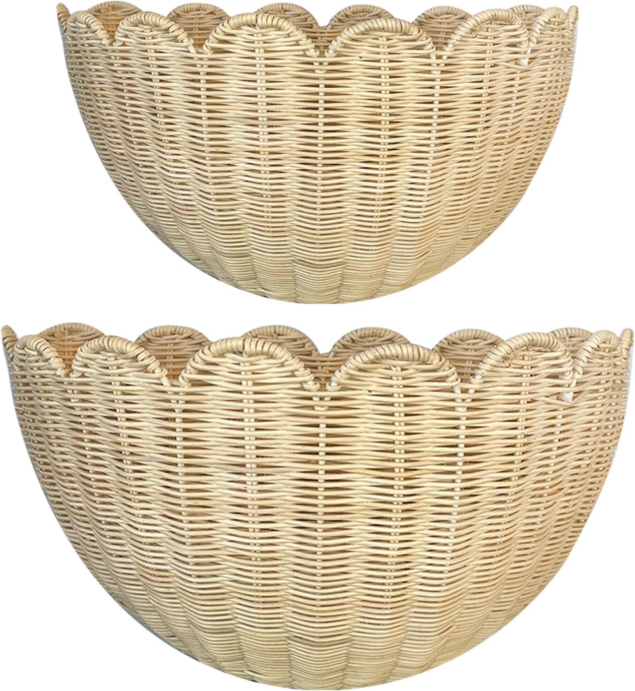 Scalloped Wall Basket, 2pcs Hand Woven Hanging Wicker Wall Baskets Set, Scalloped Rattan Wall Storage & Decor for Home, Bathroom, Kitchen, Living Room (16 x 12 x 7 & 14 x 8 x 6 Inch)