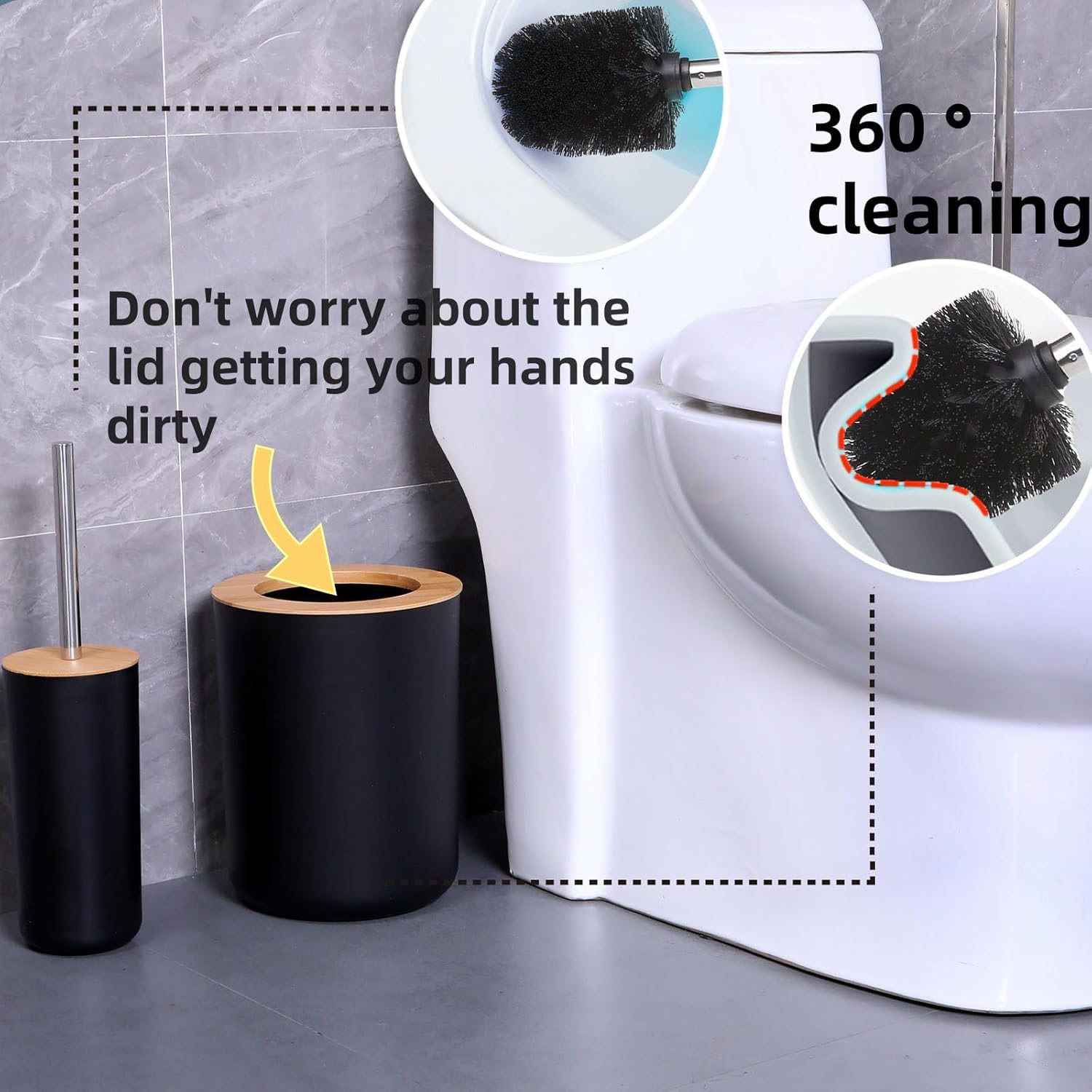 Matte Black Bathroom Accessories Set 9PCS,Bamboo Bathroom Accessories Sets Complete with Trash Can,Soap Dispenser and Toothbrush Holder Set,Toilet Brush,Qtip Holder,Vanity Tray,Soap Dish