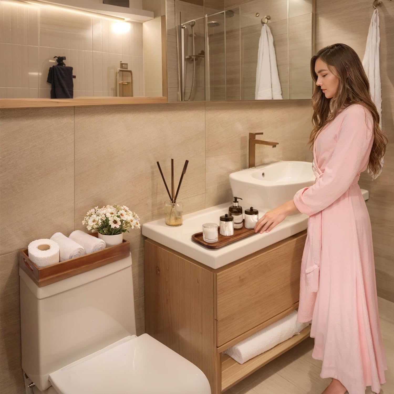 Handmade Toilet Tank Basket Topper & Vanity Tray Set of Natural Acacia Wood by DEMIGO, Created by Skilled Artisans, Smooth, Durable, Attractive Decor for Bathroom, Kitchen, Home, Spa