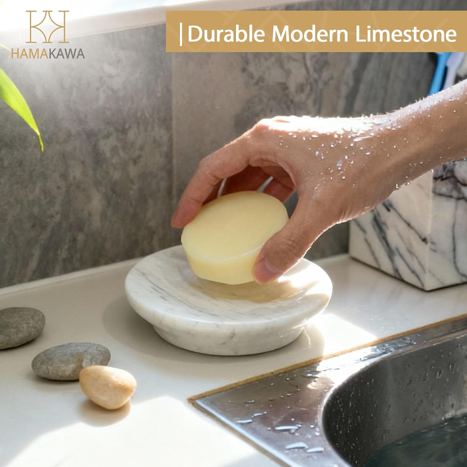 Natural Marble Soap Dish, White Round Jewelry Dish 4.5 Inch, Limestone Shower Soap Holder, Modern Stone Sponge Holder with Beveled Edge, Bar Soap Saver Tray for Bathroom, Kitchen