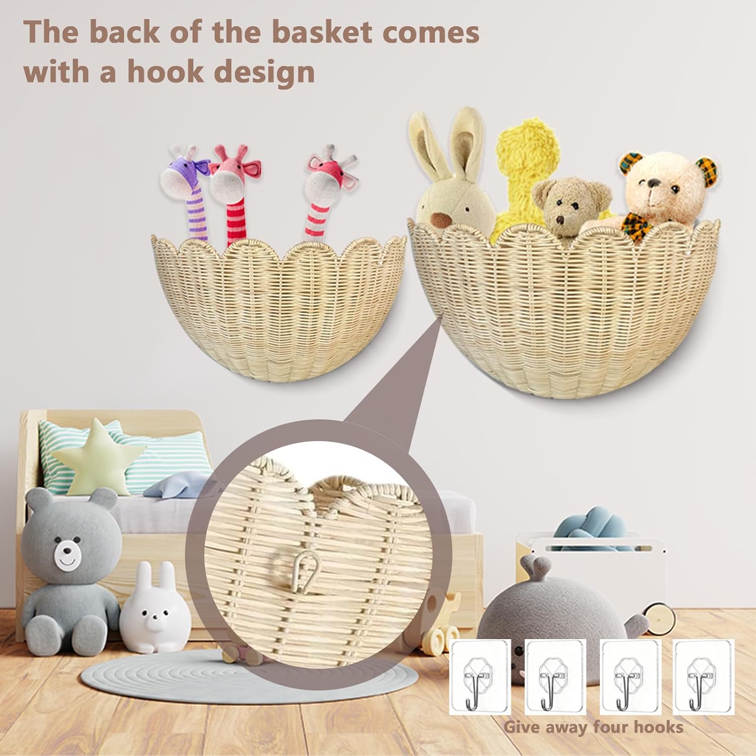 Scalloped Wall Basket, 2pcs Hand Woven Hanging Wicker Wall Baskets Set, Scalloped Rattan Wall Storage & Decor for Home, Bathroom, Kitchen, Living Room (16 x 12 x 7 & 14 x 8 x 6 Inch)