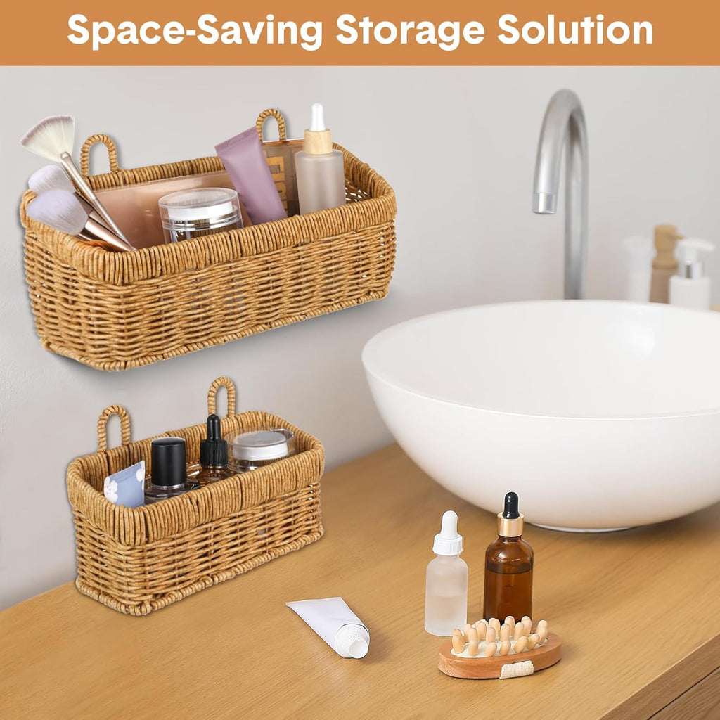 Tioncy 2 Pcs Woven Hanging Wall Baskets for Storage Boho Style Hanging Storage Plastic Woven Baskets with 4 Hooks for Kitchen Garden Living Room