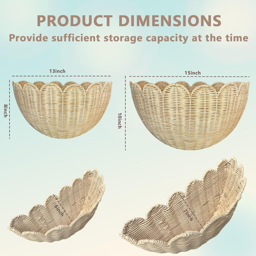 Scalloped Wall Basket, 2pcs Hand Woven Hanging Wicker Wall Baskets Set, Scalloped Rattan Wall Storage & Decor for Home, Bathroom, Kitchen, Living Room (16 x 12 x 7 & 14 x 8 x 6 Inch)