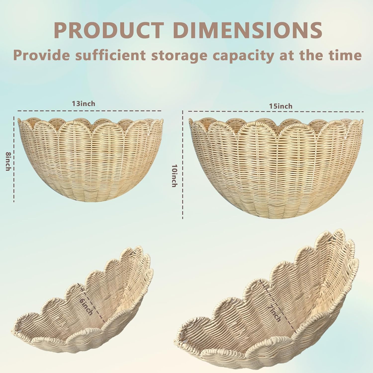 Scalloped Wall Basket, 2pcs Hand Woven Hanging Wicker Wall Baskets Set, Scalloped Rattan Wall Storage & Decor for Home, Bathroom, Kitchen, Living Room (16 x 12 x 7 & 14 x 8 x 6 Inch)