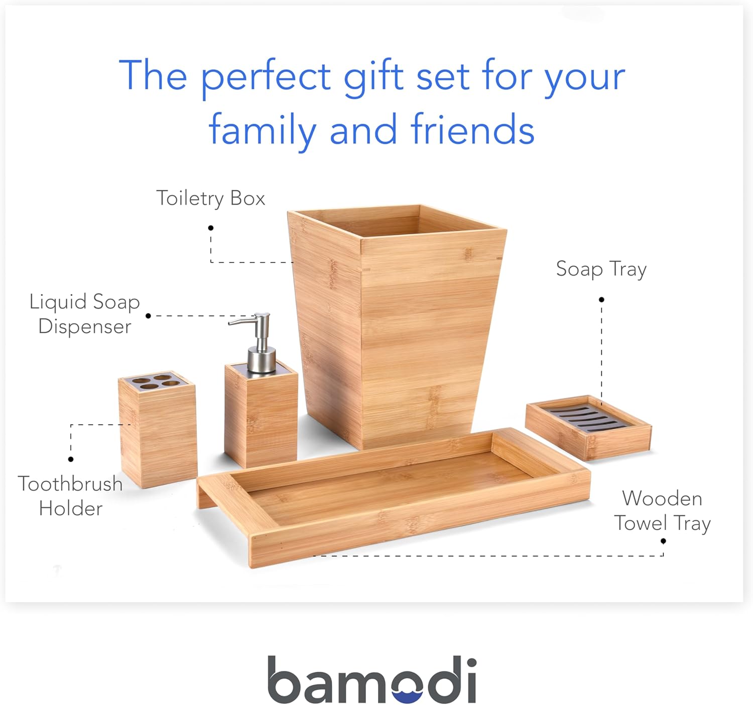 Bamodi Bamboo Bathroom Decor Set - 5-Piece Aesthetic Decorative Accessories for Restroom - 7x2.5X.2.5-Inch Set Includes Toiletry Box, Toothbrush Holder, Liquid Soap Dispenser, and Wooden Towel Tray