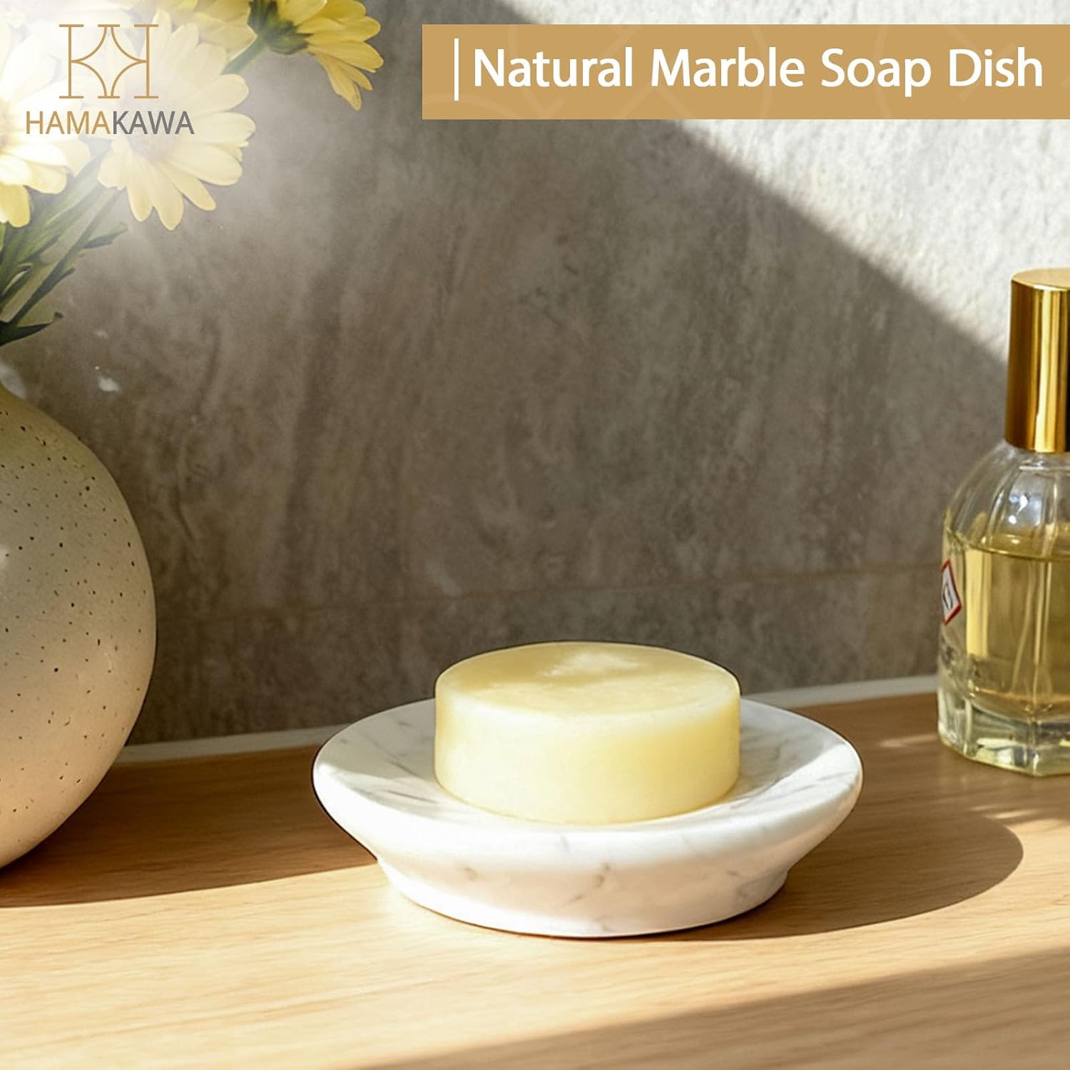 Natural Marble Soap Dish, White Round Jewelry Dish 4.5 Inch, Limestone Shower Soap Holder, Modern Stone Sponge Holder with Beveled Edge, Bar Soap Saver Tray for Bathroom, Kitchen