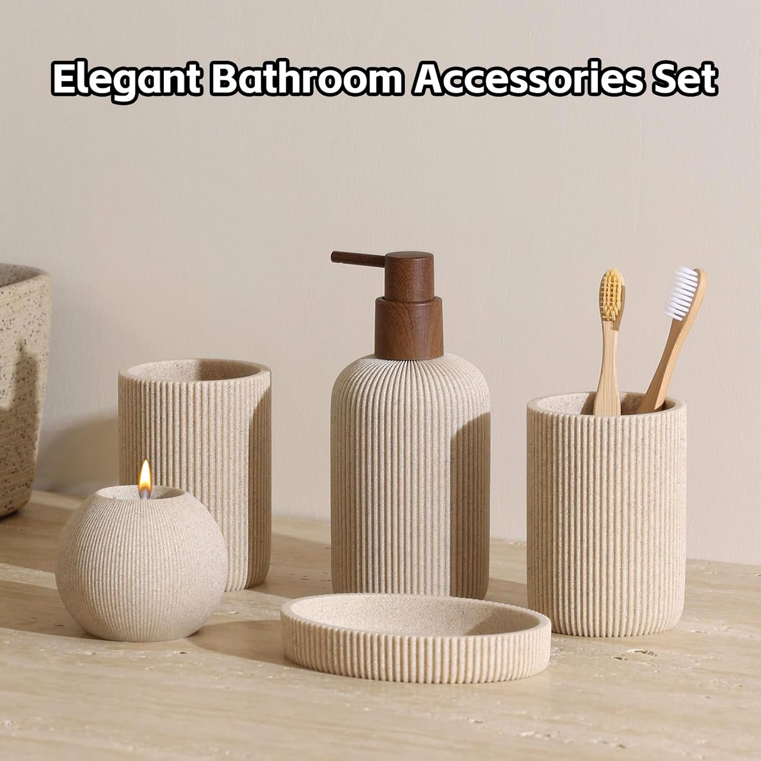 Bathroom Accessories Set, 5 PCS Sandstone Look Stripe Modern Bath Organizer with Soap Dispenser, Toothbrush Holder, Tumbler, Soap Dish, Candle Holder for Countertop Kitchen Sink (Beige)