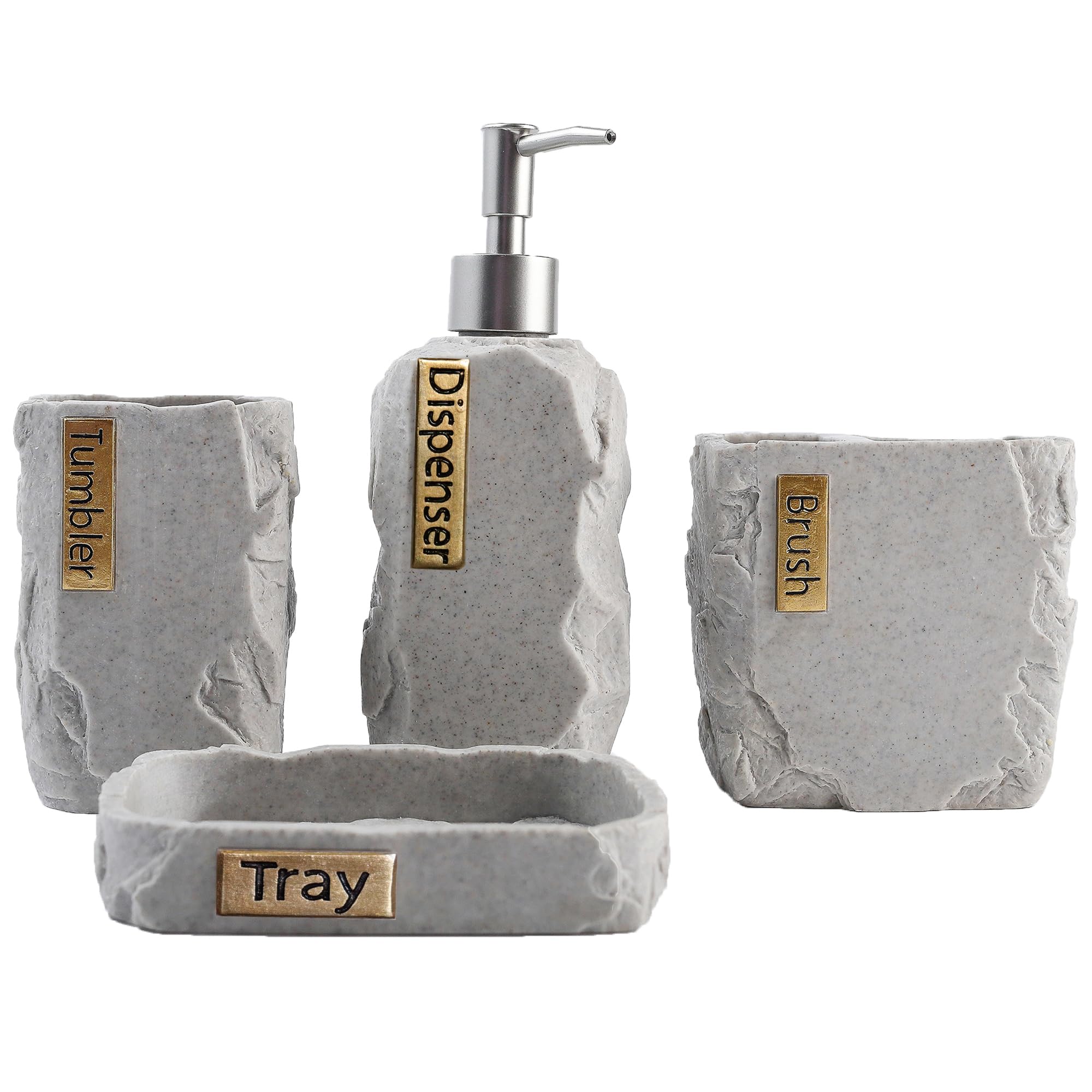 Hymmah Bathroom Accessories Set,Wooden Design Toothbrush Holder,Farmhouse Bathroom Decor,4 Pcs Resin Gift Set Apartment Necessities, Contain Toothbrush Cup,Soap Dispenser,Soap Dish,Tumbler