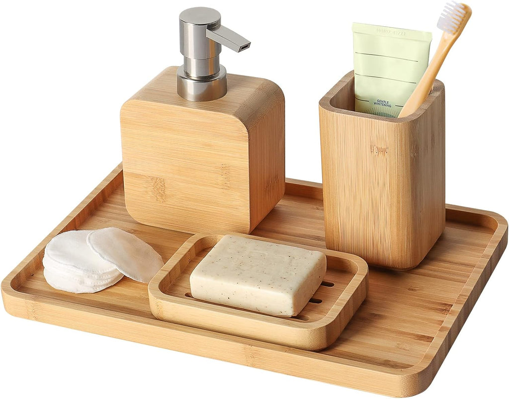 4Pcs Handmade Bamboo Sink & Bathroom Accessories Set Retro Set, Natural, Soap Dish Holder for Shower, Lotion Soap Dispenser, Mouthwash Cup, Rinse Cup, Organiser Tray for Hotel, House, Office