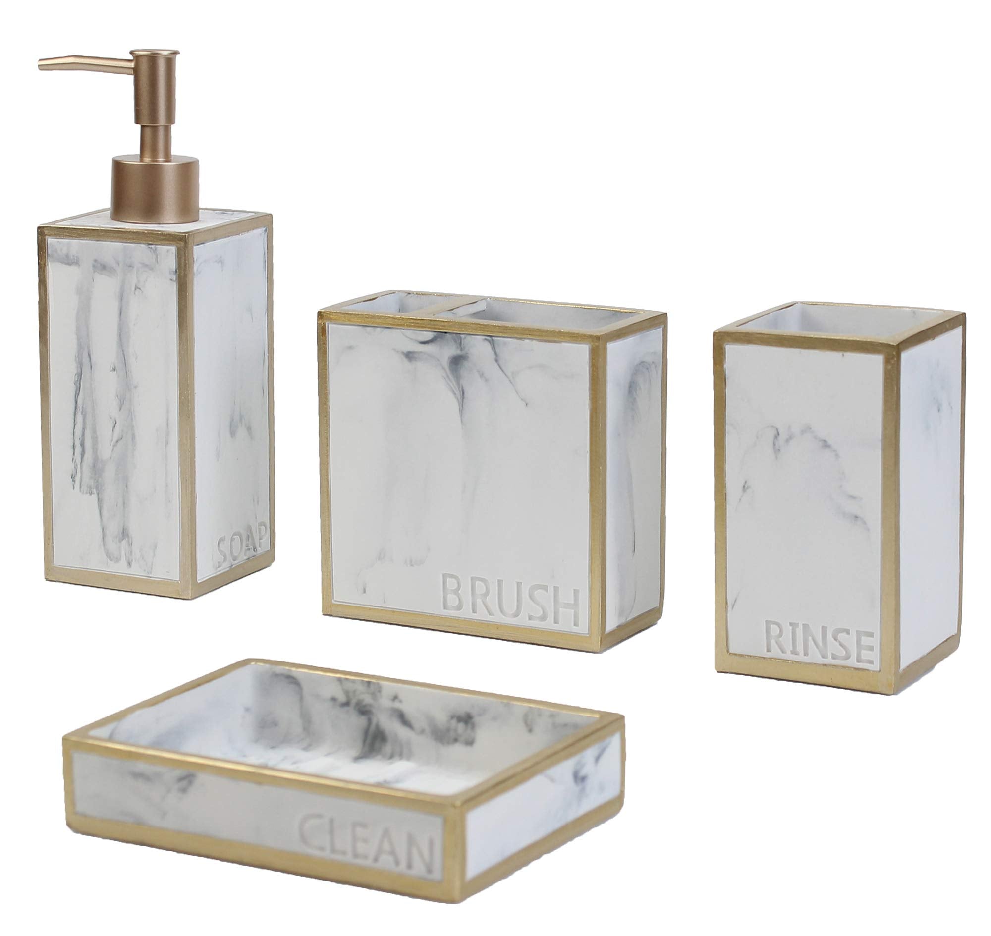 Hymmah Bathroom Accessories Set,Wooden Design Toothbrush Holder,Farmhouse Bathroom Decor,4 Pcs Resin Gift Set Apartment Necessities, Contain Toothbrush Cup,Soap Dispenser,Soap Dish,Tumbler