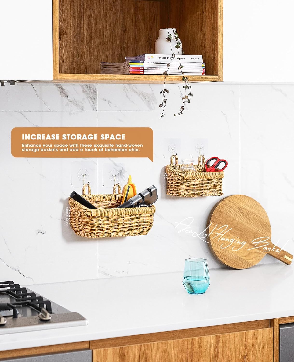 AceList Wall Hanging Basket, Boho Style Hand-Woven Hanging Storage Baskets - Set of 2, Ideal for Boho Room Decor, Kitchen, Garden, and Living Room