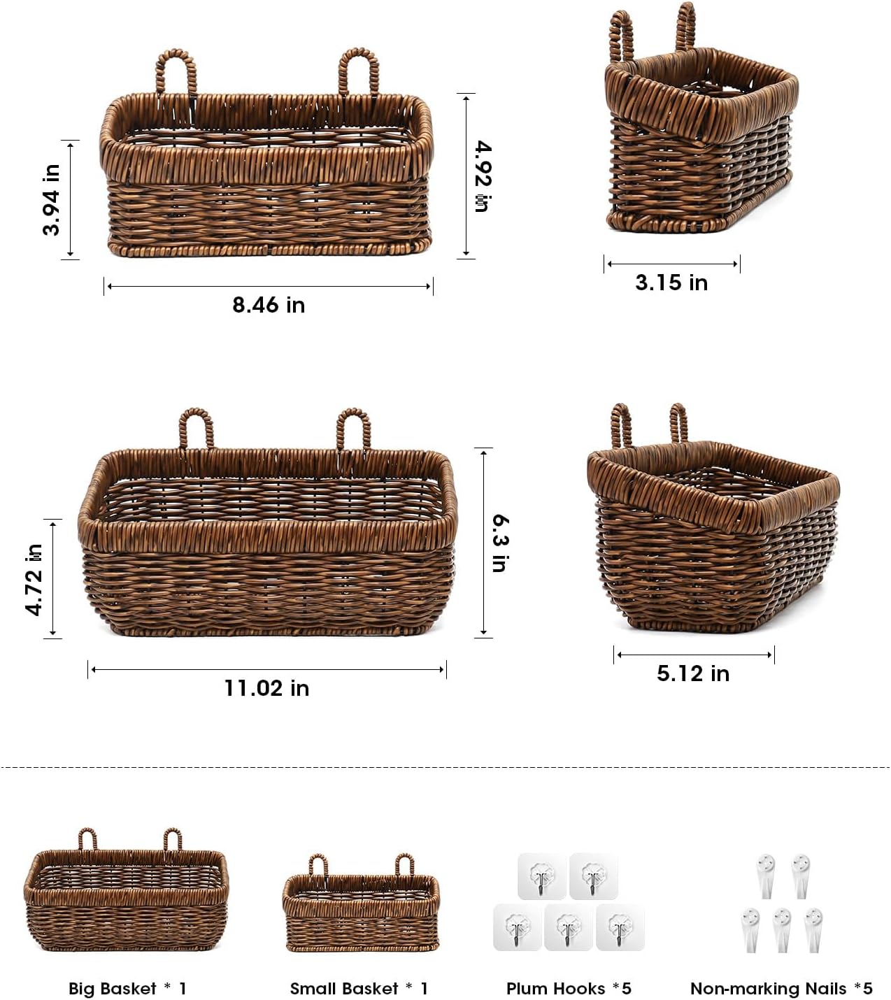 AceList Wall Hanging Basket, Boho Style Hand-Woven Hanging Storage Baskets - Set of 2, Ideal for Boho Room Decor, Kitchen, Garden, and Living Room(Brown)